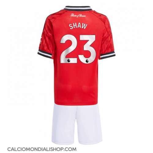 Maglie da calcio Manchester United Luke Shaw #23 Prima Maglia Bambino 2025-26 Manica Corta (+ Pantaloni corti)